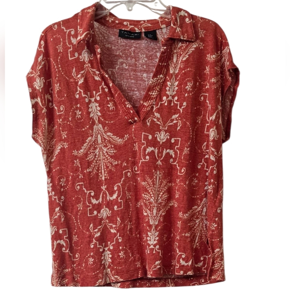 Tahari Rust And Cream Print Top Size  M